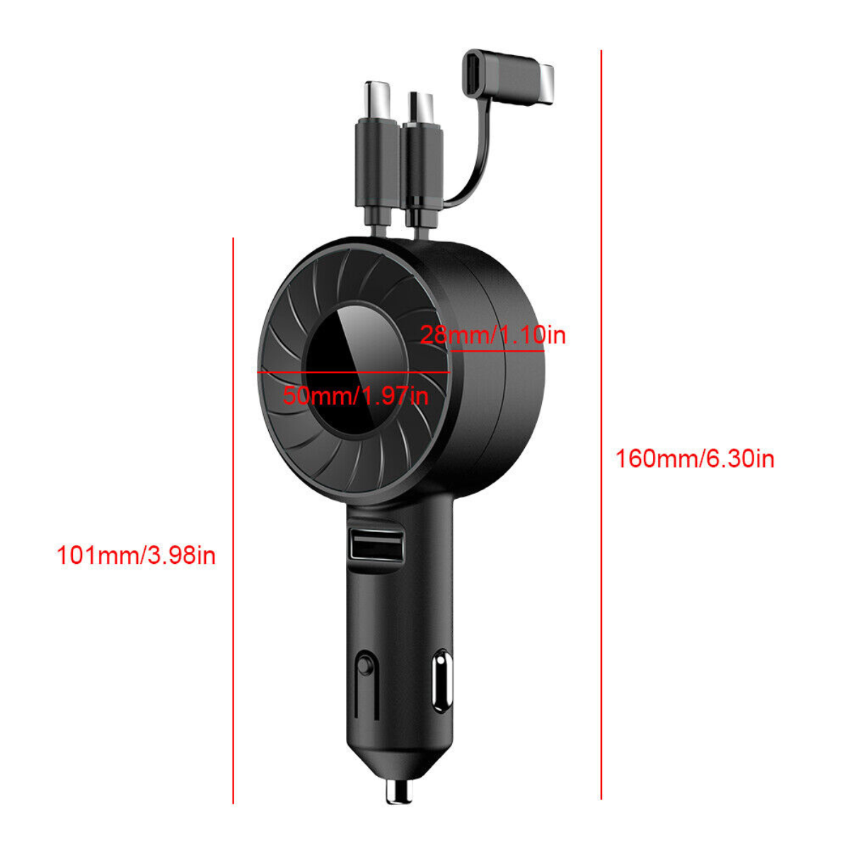 Incarcator auto, Cablu Retractabil, USB Type C / Lightning / Micro USB, 21W, 5V, 1 X USB Port
