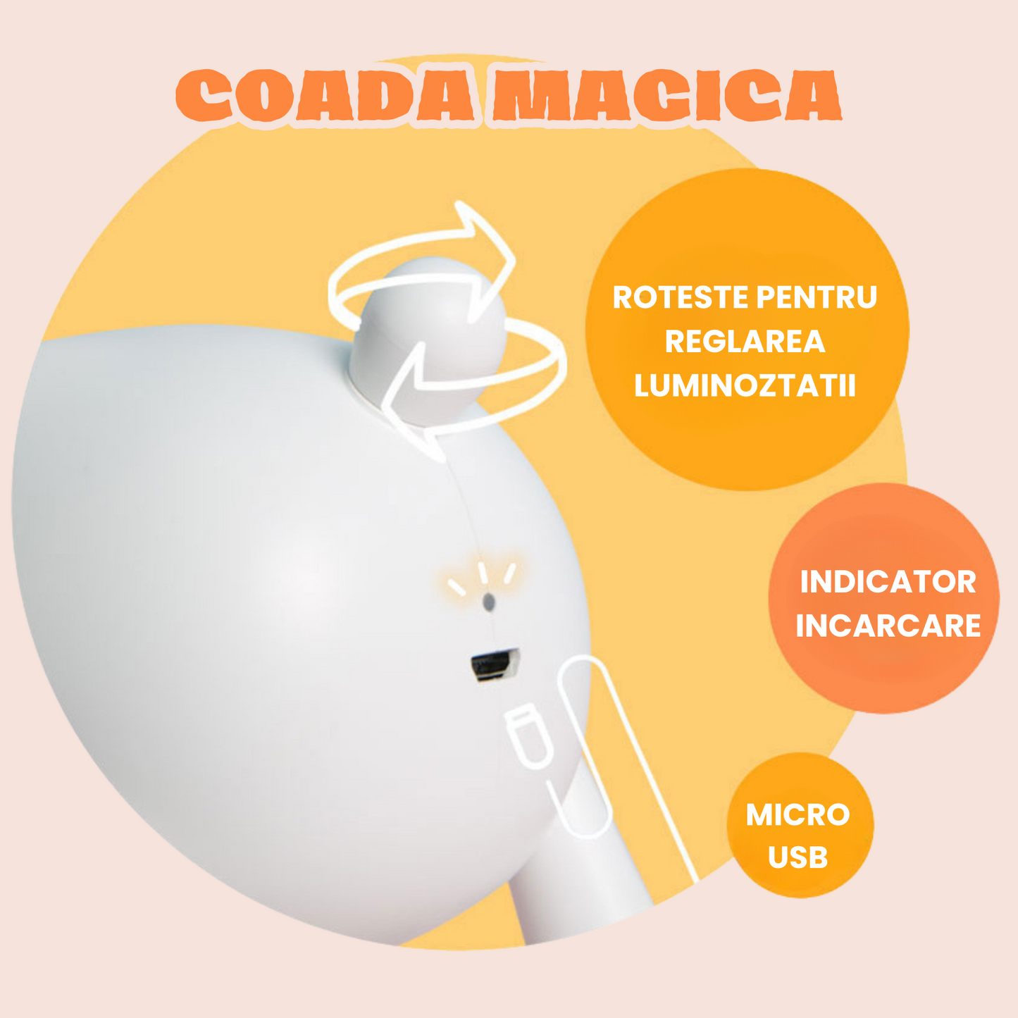 Lampa de Veghe Interactiva, Model Ren Alb, Citit, LED, Lumina Reglabila, Portabila, USB, Autonomie 10H
