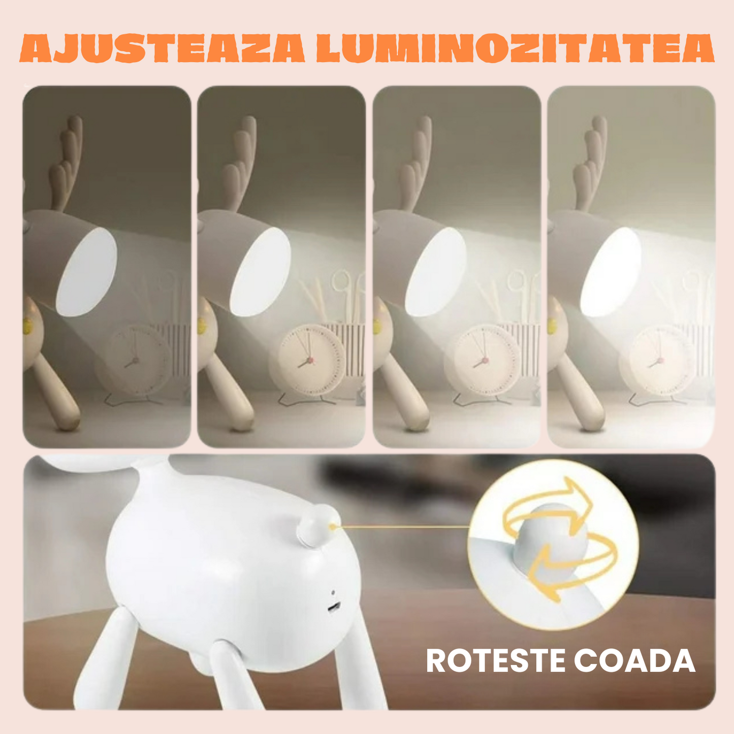 Lampa de Veghe Interactiva, Model Ren Alb, Citit, LED, Lumina Reglabila, Portabila, USB, Autonomie 10H