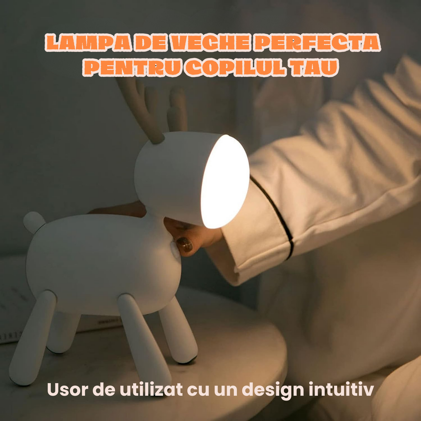 Lampa de Veghe Interactiva, Model Ren Alb, Citit, LED, Lumina Reglabila, Portabila, USB, Autonomie 10H